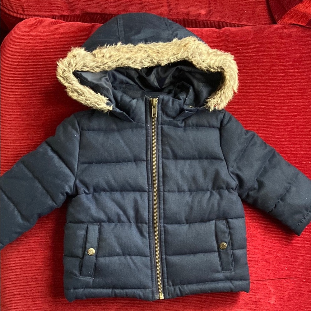 Navy Puffer Jacket with Faux Fur Hood